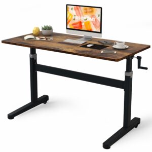 win up time manual standing desk adjustable height- crank mobile standing desk 48 x 24 inches sit stand desk frame & top, stand up desk on wheels, computer desk black frame & rustic brown