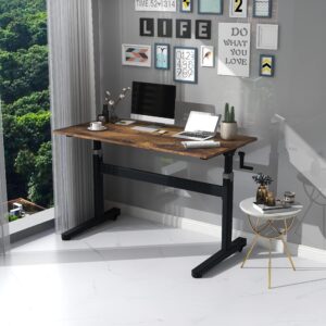 Win Up Time Manual Standing Desk Adjustable Height- Crank Mobile Standing Desk 48 x 24 Inches Sit Stand Desk Frame & Top, Stand Up Desk on Wheels, Computer Desk Black Frame & Rustic Brown