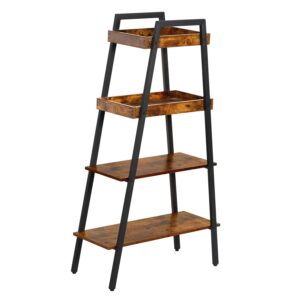 VECELO Ladder Bookshelf-4 Tier, Wood Storage Rack Industrial Bookcases Metal Frame, Plant Flower Stand for Living Room, Home Office, Kitchen, Bedroom, Easy Assembly, Rustic Brown