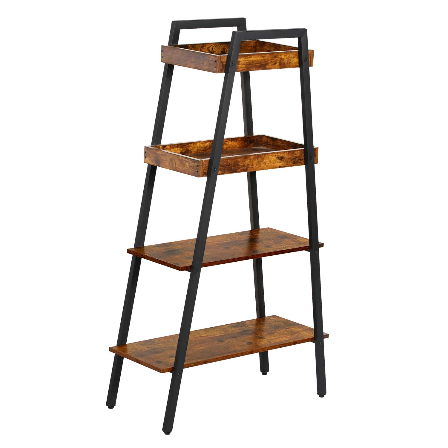 VECELO Ladder Bookshelf-4 Tier, Wood Storage Rack Industrial Bookcases Metal Frame, Plant Flower Stand for Living Room, Home Office, Kitchen, Bedroom, Easy Assembly, Rustic Brown