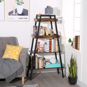 VECELO Ladder Bookshelf-4 Tier, Wood Storage Rack Industrial Bookcases Metal Frame, Plant Flower Stand for Living Room, Home Office, Kitchen, Bedroom, Easy Assembly, Rustic Brown