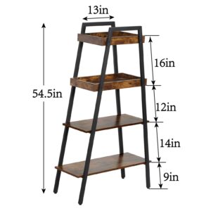 VECELO Ladder Bookshelf-4 Tier, Wood Storage Rack Industrial Bookcases Metal Frame, Plant Flower Stand for Living Room, Home Office, Kitchen, Bedroom, Easy Assembly, Rustic Brown