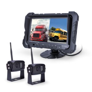 digital wireless backup camera system, dual hd 720p camera with infrared night vision and wide viewing angles, 7inch wireless monitor split screen for trailer, rvs, camper, 5th wheel, etc