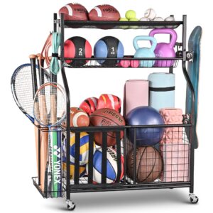 plkow sports equipment storage for garage, garage sports equipment organizer, ball storage rack, garage organizer with basket and hooks for toy sports gear storage