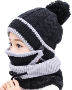 3 in 1 winter knitted beanie hat scarf mouth mask set for girls boys kids, warm fleece lined ski cap with pompom neck warmer (black)