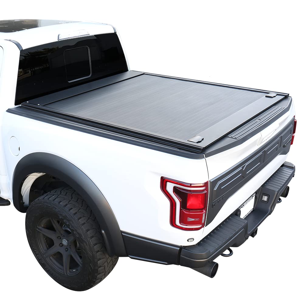 Syneticusa Retractable Hard Tonneau Cover Fits 2011-2024 Ford F-150 (incl. Raptor/Lightning) 5’6” (67”) Truck Bed Matte Black Aluminum Waterproof