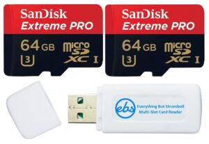 sandisk 64gb micro sdxc memory card extreme pro (2 pack) works with gopro hero 9 black action camera u3 v30 4k class 10 (sdsqxcy-064g-gn6ma) bundle with 1 everything but stromboli tf & sd card reader