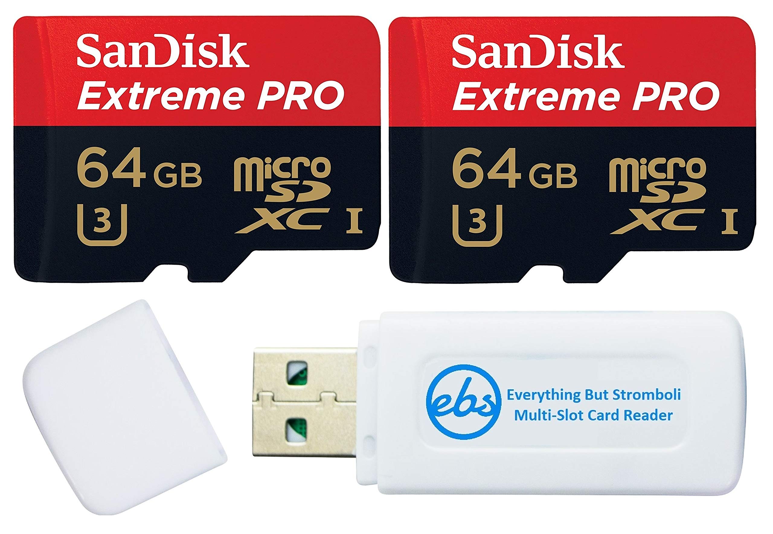 SanDisk 64GB Micro SDXC Memory Card Extreme Pro (2 Pack) Works with GoPro Hero 9 Black Action Camera U3 V30 4K Class 10 (SDSQXCY-064G-GN6MA) Bundle with 1 Everything But Stromboli TF & SD Card Reader