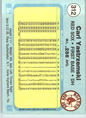 1982 Fleer Baseball Card #312 Carl Yastrzemski Boston Red Sox Official MLB Trading Card (RAW Condition - EX or Better)