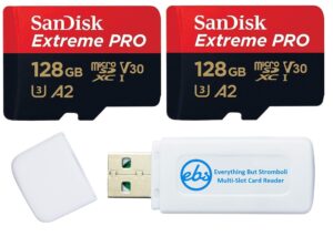 sandisk extreme pro (uhs-1 u3 / v30) a2 128gb microsd memory card (2 pack) for gopro hero9 camera (hero 9 black) sdsqxcy-128g-gn6ma bundle with (1) everything but stromboli sd & micro sdxc card reader