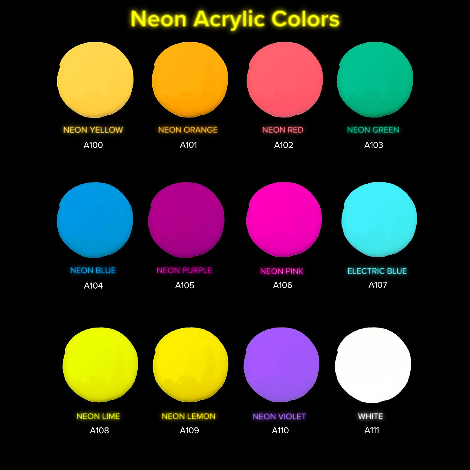 GenCrafts Neon Acrylic Pouring Paint 12 Colors - Pre-Mixed High Flow Ready to Pour - 2 oz./59 ml Bottles - Multi-Purpose Paints for Canvas, Paper, Rocks, Wood