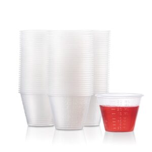 graduated 1 oz. plastic medicine cups, 100-count, detailed liquid measurements for medications, clear containers, disposable or reusable, supports adults and children