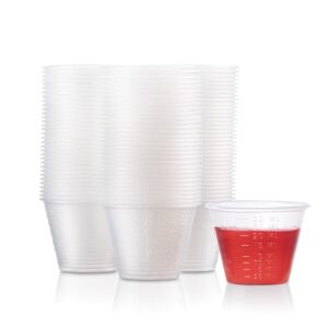 Graduated 1 oz. Plastic Medicine Cups, 100-Count, Detailed Liquid Measurements for Medications, Clear Containers, Disposable or Reusable, Supports Adults and Children