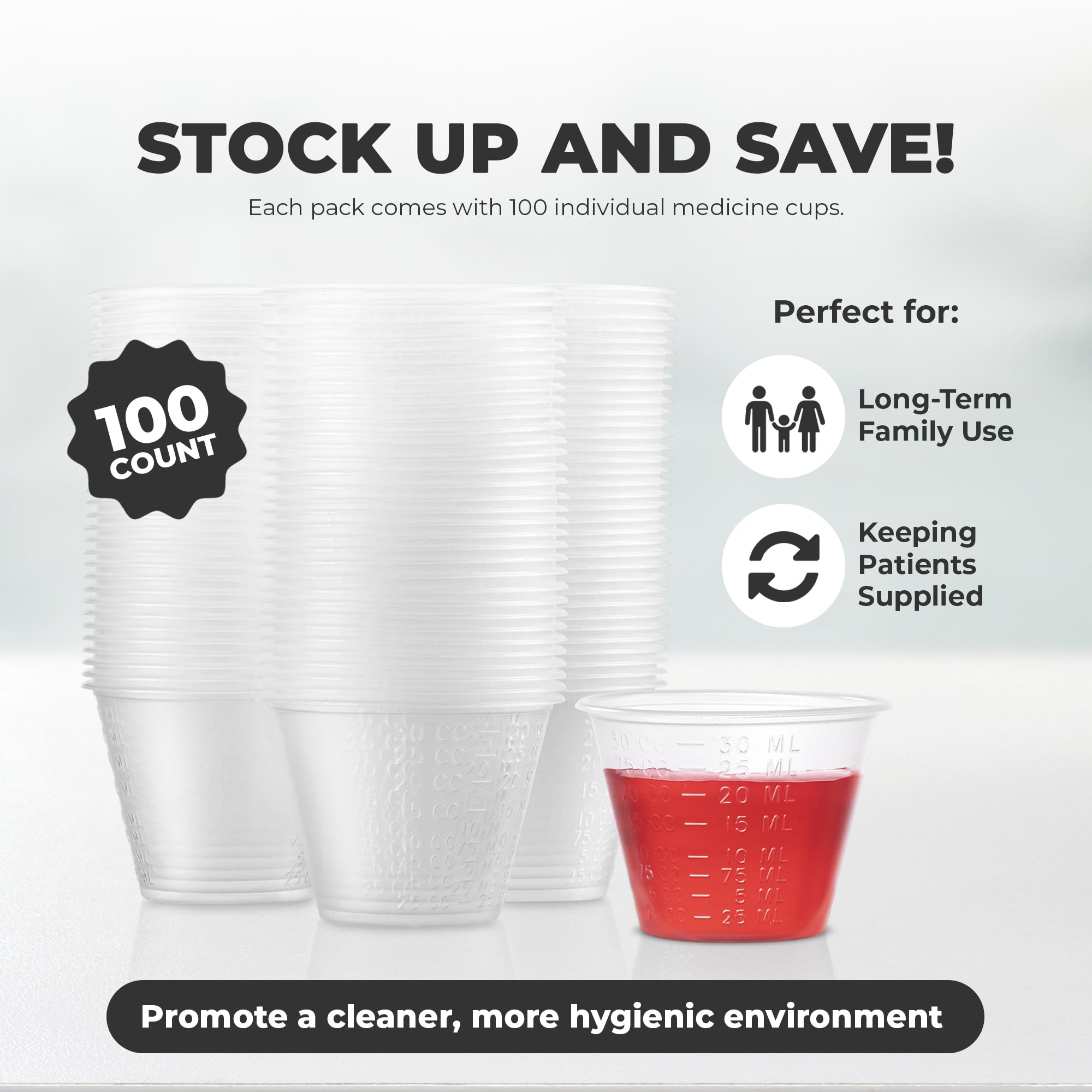 Graduated 1 oz. Plastic Medicine Cups, 100-Count, Detailed Liquid Measurements for Medications, Clear Containers, Disposable or Reusable, Supports Adults and Children
