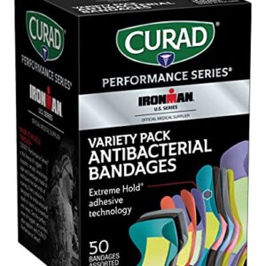 CURAD Performance Series Ironman Antibacterial Bandages, Extreme Hold Adhesive Technology, Finger & Knuckle Bandages, Flexible Fabric, Variety Pack with Assorted Sizes & Colors, 50 Count