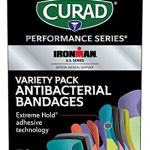 CURAD Performance Series Ironman Antibacterial Bandages, Extreme Hold Adhesive Technology, Finger & Knuckle Bandages, Flexible Fabric, Variety Pack with Assorted Sizes & Colors, 50 Count