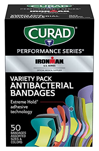 CURAD Performance Series Ironman Antibacterial Bandages, Extreme Hold Adhesive Technology, Finger & Knuckle Bandages, Flexible Fabric, Variety Pack with Assorted Sizes & Colors, 50 Count