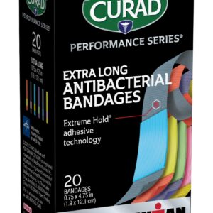 CURAD Performance Series IRONMAN Antibacterial Bandages, Extreme Hold Adhesive Technology, Extra Long Flexible Fabric Bandages for Cuts, Scrapes, & Burns, Assorted Colors, 0.75 x 4.75 inches, 20 Count