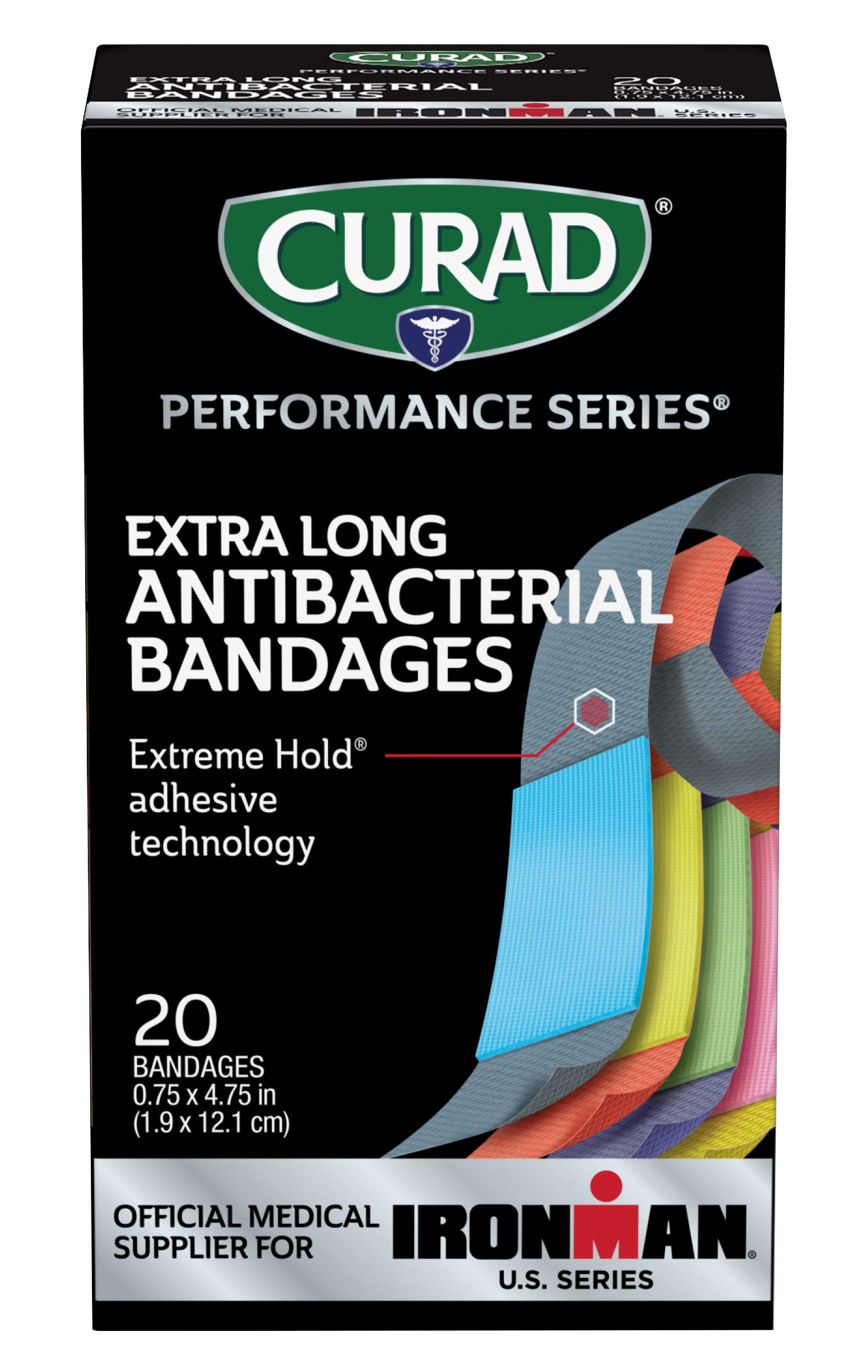 CURAD Performance Series IRONMAN Antibacterial Bandages, Extreme Hold Adhesive Technology, Extra Long Flexible Fabric Bandages for Cuts, Scrapes, & Burns, Assorted Colors, 0.75 x 4.75 inches, 20 Count