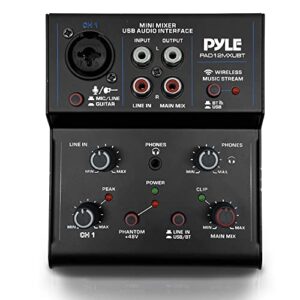pyle professional wireless dj audio mixer - 2-channel bluetooth dj controller sound mixer w/usb audio interface, rca in, combo jack xlr+6.35mm microphone/line/guitar in, headphone jack - pad12mxubt