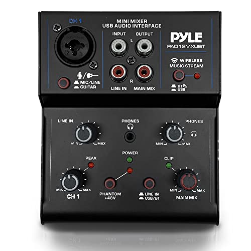 Pyle Professional Wireless DJ Audio Mixer - 2-Channel Bluetooth DJ Controller Sound Mixer w/USB Audio Interface, RCA In, Combo Jack XLR+6.35mm Microphone/Line/Guitar In, Headphone Jack - PAD12MXUBT