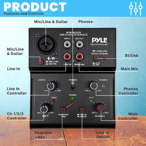 Pyle Professional Wireless DJ Audio Mixer - 2-Channel Bluetooth DJ Controller Sound Mixer w/USB Audio Interface, RCA In, Combo Jack XLR+6.35mm Microphone/Line/Guitar In, Headphone Jack - PAD12MXUBT