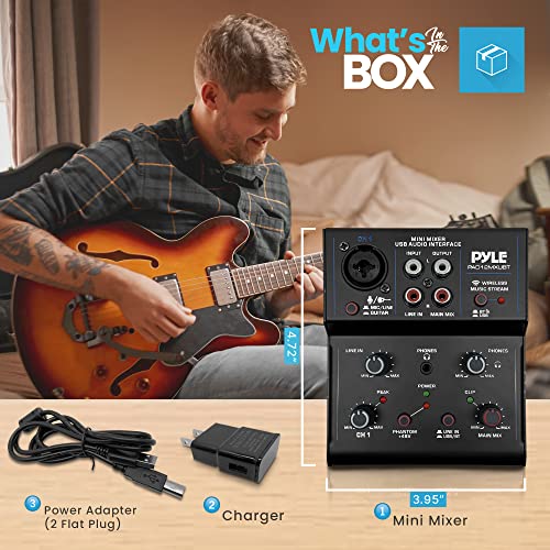 Pyle Professional Wireless DJ Audio Mixer - 2-Channel Bluetooth DJ Controller Sound Mixer w/USB Audio Interface, RCA In, Combo Jack XLR+6.35mm Microphone/Line/Guitar In, Headphone Jack - PAD12MXUBT