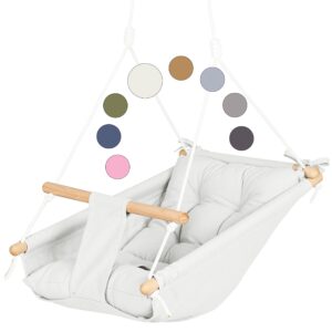 cateam - canvas kids swing, wooden hanging swing seat chair with safety belt, durable toddler swing chair, outdoor and indoor swing for kids, mounting hardware included, ivory