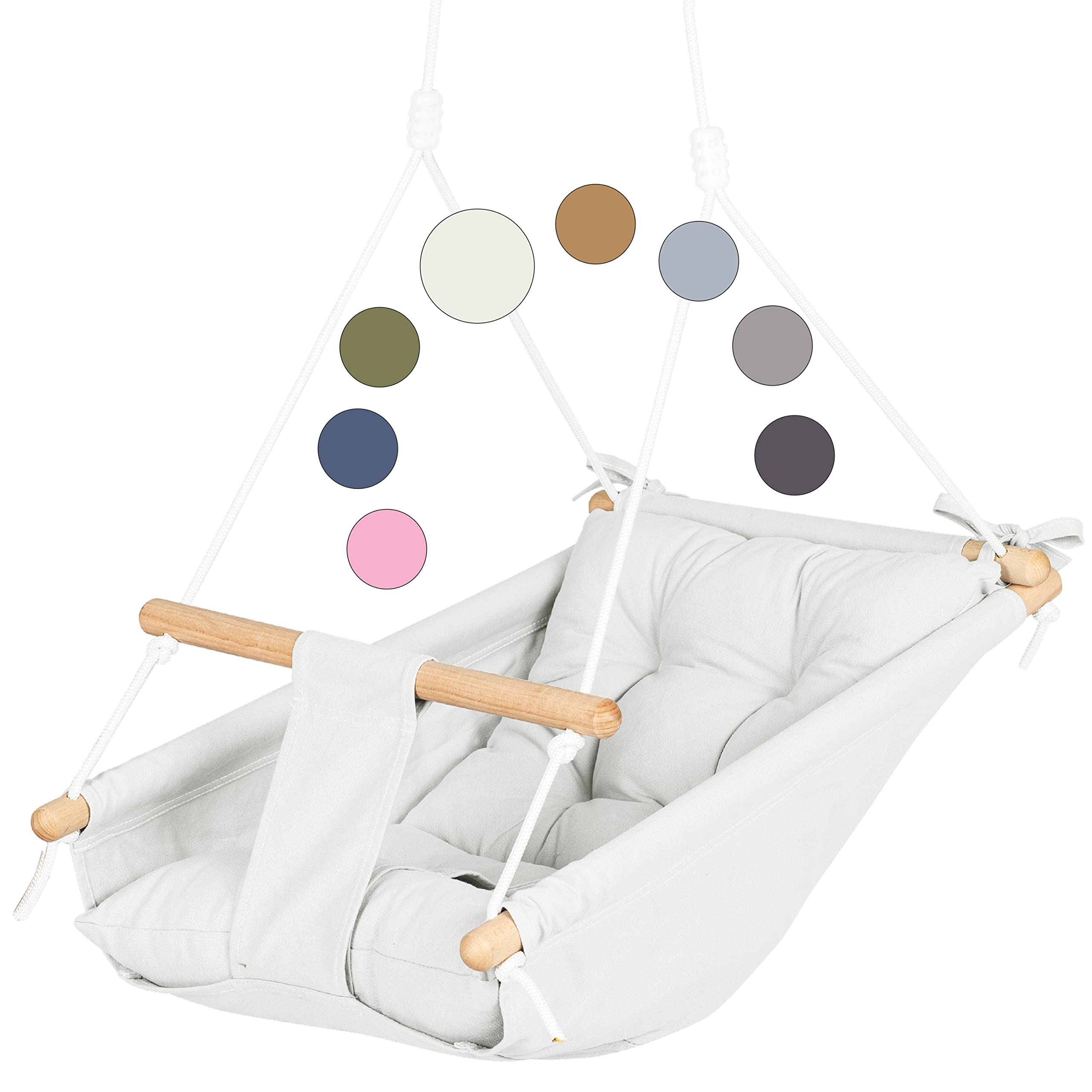 CaTeam - Canvas Kids Swing, Wooden Hanging Swing Seat Chair with Safety Belt, Durable Toddler Swing Chair, Outdoor and Indoor Swing for Kids, Mounting Hardware Included, Ivory