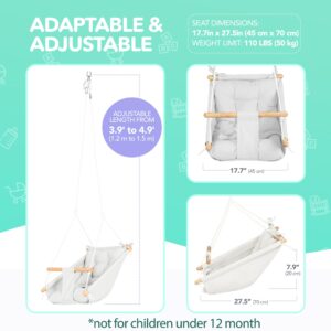 CaTeam - Canvas Kids Swing, Wooden Hanging Swing Seat Chair with Safety Belt, Durable Toddler Swing Chair, Outdoor and Indoor Swing for Kids, Mounting Hardware Included, Ivory