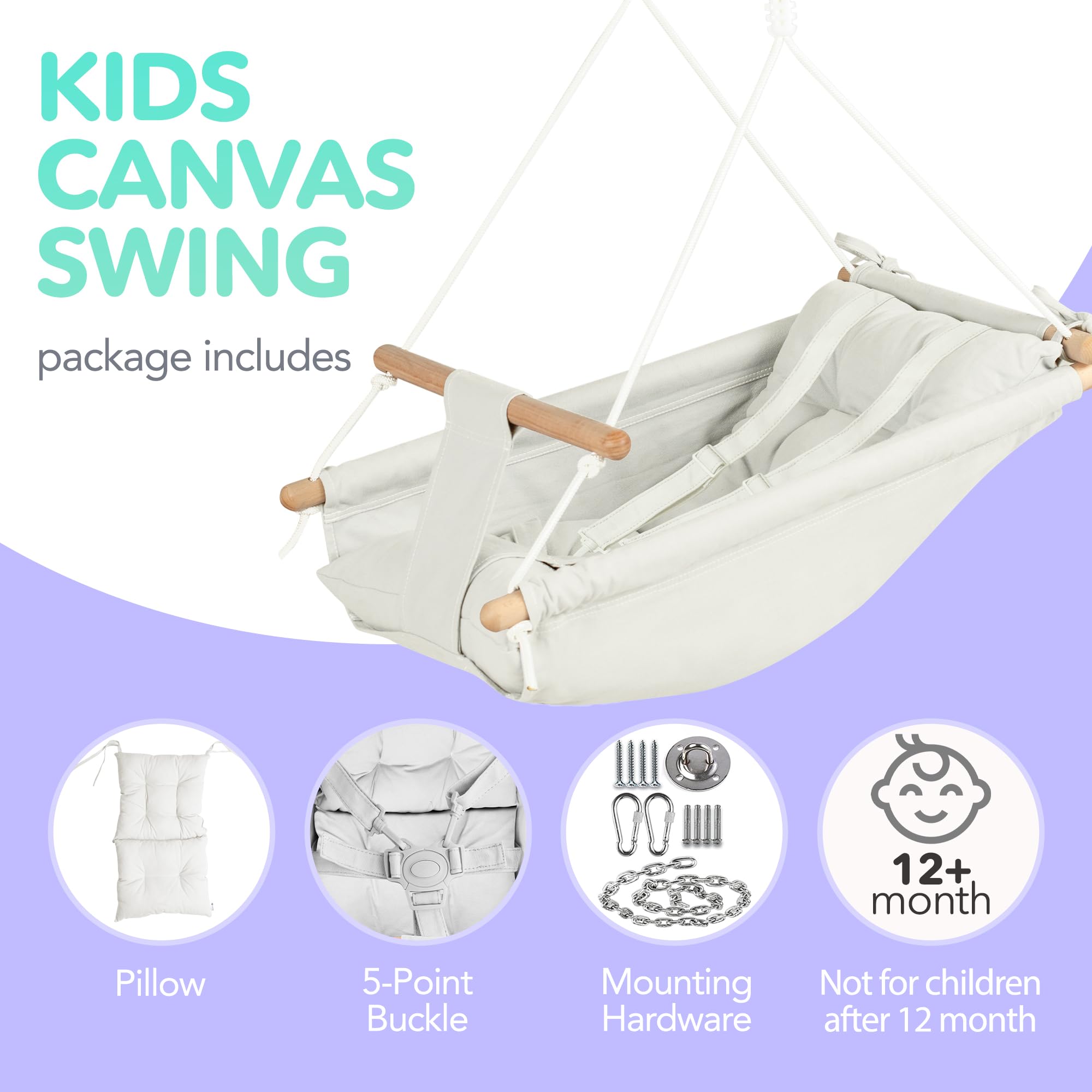 CaTeam - Canvas Kids Swing, Wooden Hanging Swing Seat Chair with Safety Belt, Durable Toddler Swing Chair, Outdoor and Indoor Swing for Kids, Mounting Hardware Included, Ivory