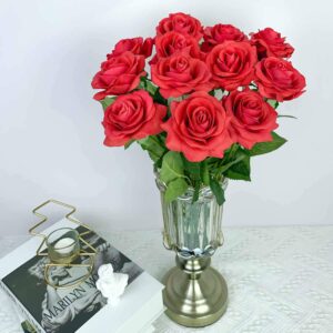 ZGPEPEXIA 12 Stems Artificial Flowers Silk Roses Fake Flowers Bridal Wedding Bouquet，Realistic Blossom Flora for Home Garden Party Hotel Office Decoration (Red)