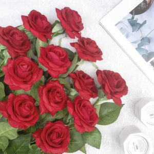 ZGPEPEXIA 12 Stems Artificial Flowers Silk Roses Fake Flowers Bridal Wedding Bouquet，Realistic Blossom Flora for Home Garden Party Hotel Office Decoration (Red)
