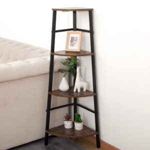 AZL1 Life Concept Industrial Corner Shelf, 4-Tier Bookcase, Storage Rack, Plant Stand for Home Office, Wood Look Accent Furniture with Metal Frame, Rustic Brown