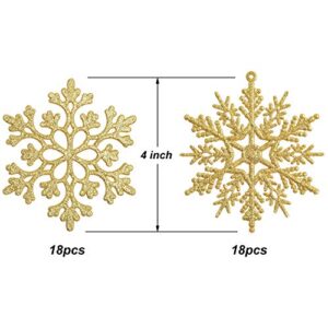 Lvydec 36pcs Christmas Glitter Snowflake Ornaments, Plastic Snowflakes Christmas Tree Decorations for Winter Holiday Party Decor, 4 Inch, Gold