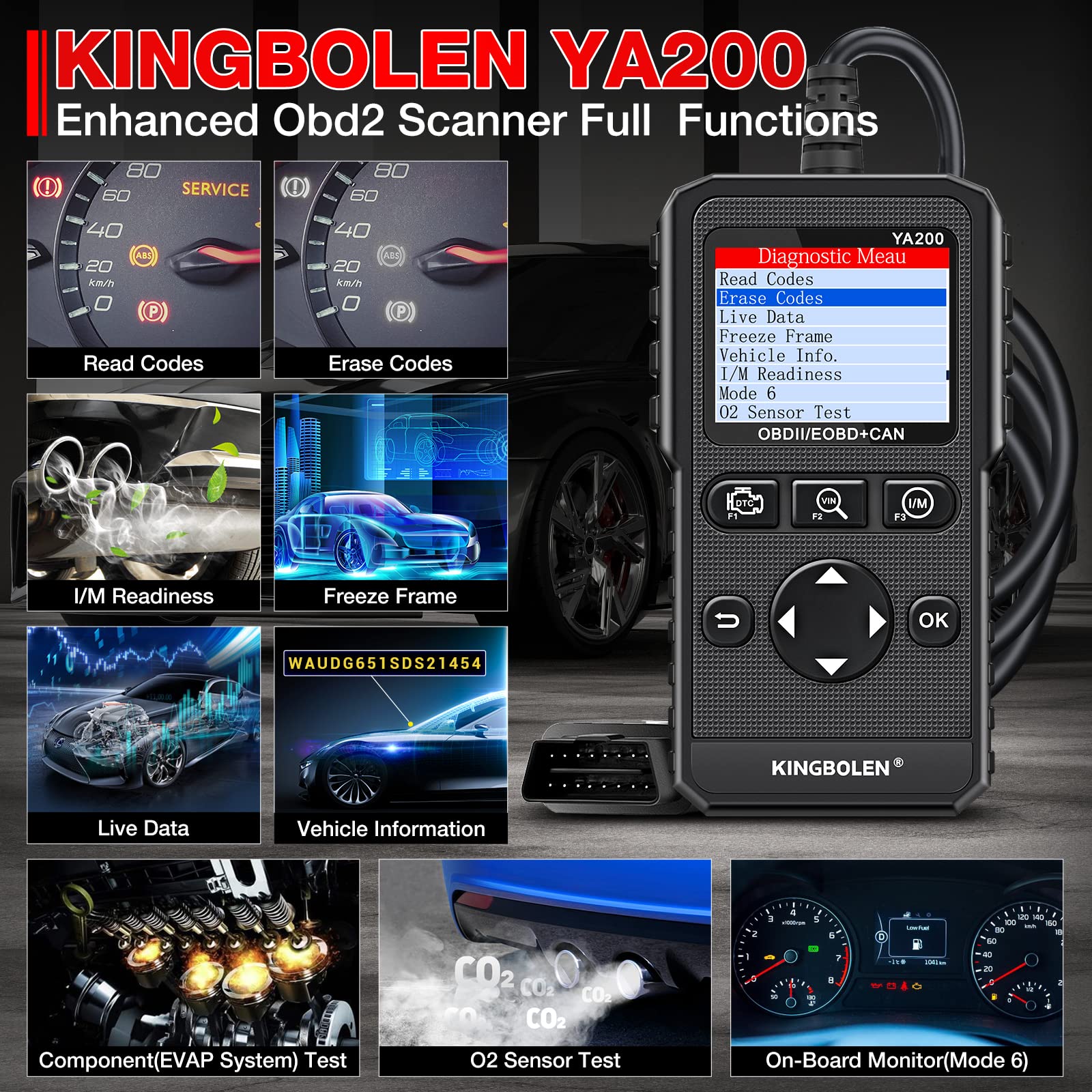 KINGBOLEN OBD2 Scanner,Car Code Reader for Check Engine Light Car Engine Scan Tool with Full OBD2,OBD2 Diagnostic Scan Tool for OBD2 Protocol Vehicles Since 1996. Black