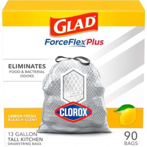 glad trash bags, tall kitchen garbage bags forceflex plus with clorox, 13 gallon, lemon fresh bleach scent 90 count (package may vary), white-gray, lemon fresh