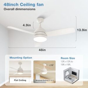 warmiplanet Ceiling Fan with Lights Remote Control, 48-Inch, White, Silent Motor, 3-Blades