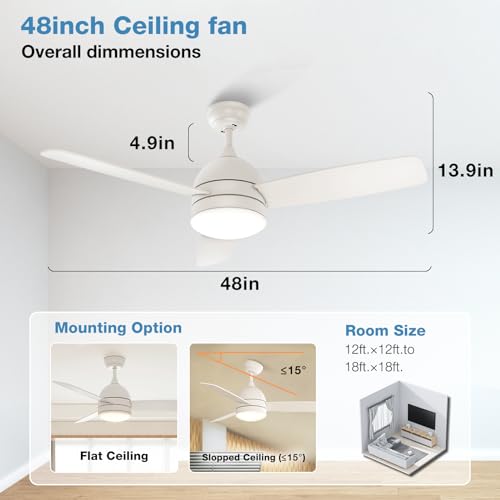 warmiplanet Ceiling Fan with Lights Remote Control, 48-Inch, White, Silent Motor, 3-Blades