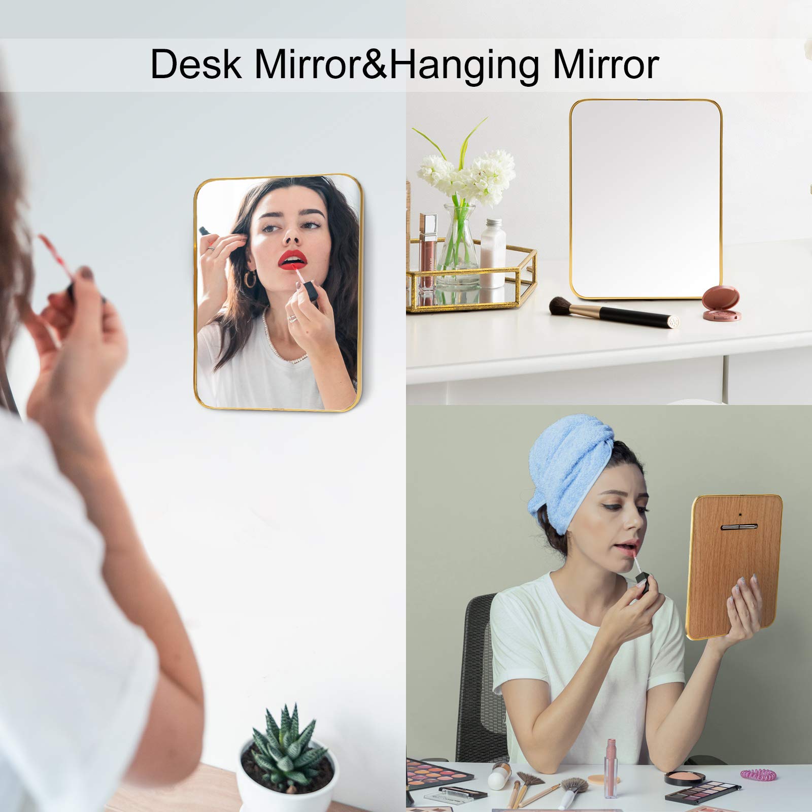 YEAKE Desk Table Stand Mirror for Make Up,Gold Hanging Wall Mirror Office with Metal Frame & Simple Bracket Can Be Assembled.(Rectangle)