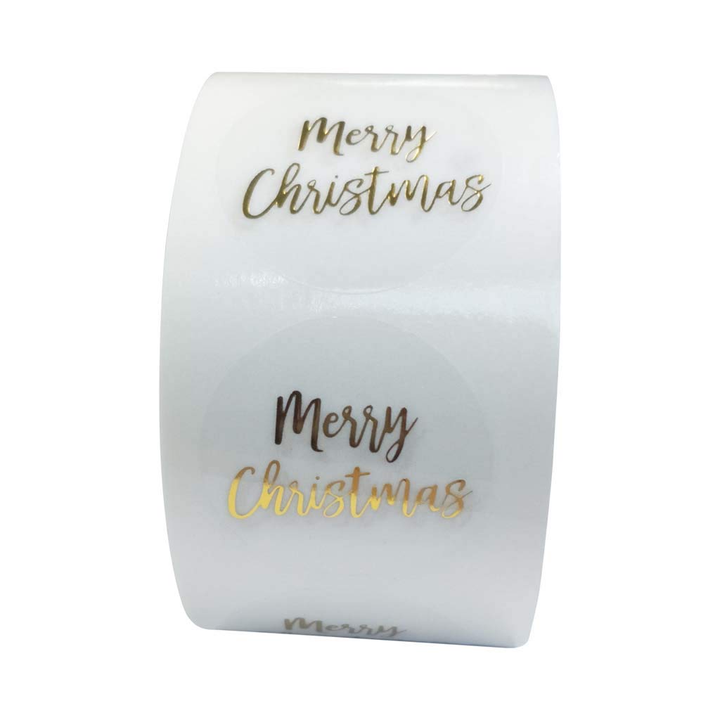 HUGUWEDING Transparent Gold Foil Merry Christmas Stickers Seal Label, 500pcs/roll Round, for Stamp Envelopes Cards Invitations Gift Packages, Scrapbooking Gift Packaging Seal Labels