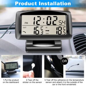 Car Digital Clock Thermometer, Multi-Functional Car Dashboard Thermometer with Backlight Display Mini Car Clock Thermometer Monitor for Indoor and Outdoor