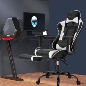 Gaming Chair Ergonomic Computer Racing Style Office Chair Adjustable High Back Gamer Chair for Home Office with Footrest Headrest Lumbar Support,White