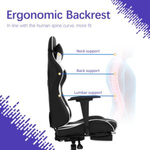 Gaming Chair Ergonomic Computer Racing Style Office Chair Adjustable High Back Gamer Chair for Home Office with Footrest Headrest Lumbar Support,White