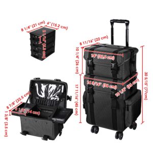 BYOOTIQUE 2in1 Soft Sided Rolling Makeup Train Case Trolley Freelance Makeup Artist Cosmetic Organize Storage Travel Case with Wheels Classic Black