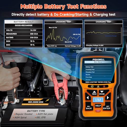 FOXWELL NT301 Plus 2 IN1 OBD2 Scanner Battery Tester, OBD2 Scanner Diagnostic Tool Check Engine Car Code Reader, 12V 100-2000 CCA Battery/Charging/Cranking Test, EVAP Live Data, Full OBDII Diagnosis