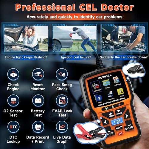 FOXWELL NT301 Plus 2 IN1 OBD2 Scanner Battery Tester, OBD2 Scanner Diagnostic Tool Check Engine Car Code Reader, 12V 100-2000 CCA Battery/Charging/Cranking Test, EVAP Live Data, Full OBDII Diagnosis