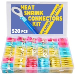 haisstronica 520pcs marine grade heat shrink wire connectors-electrical connectors kit of tinned red copper,16-14 22-16 12-10 gauge crimp insulated ring fork spade butt splices(3colors/24size)