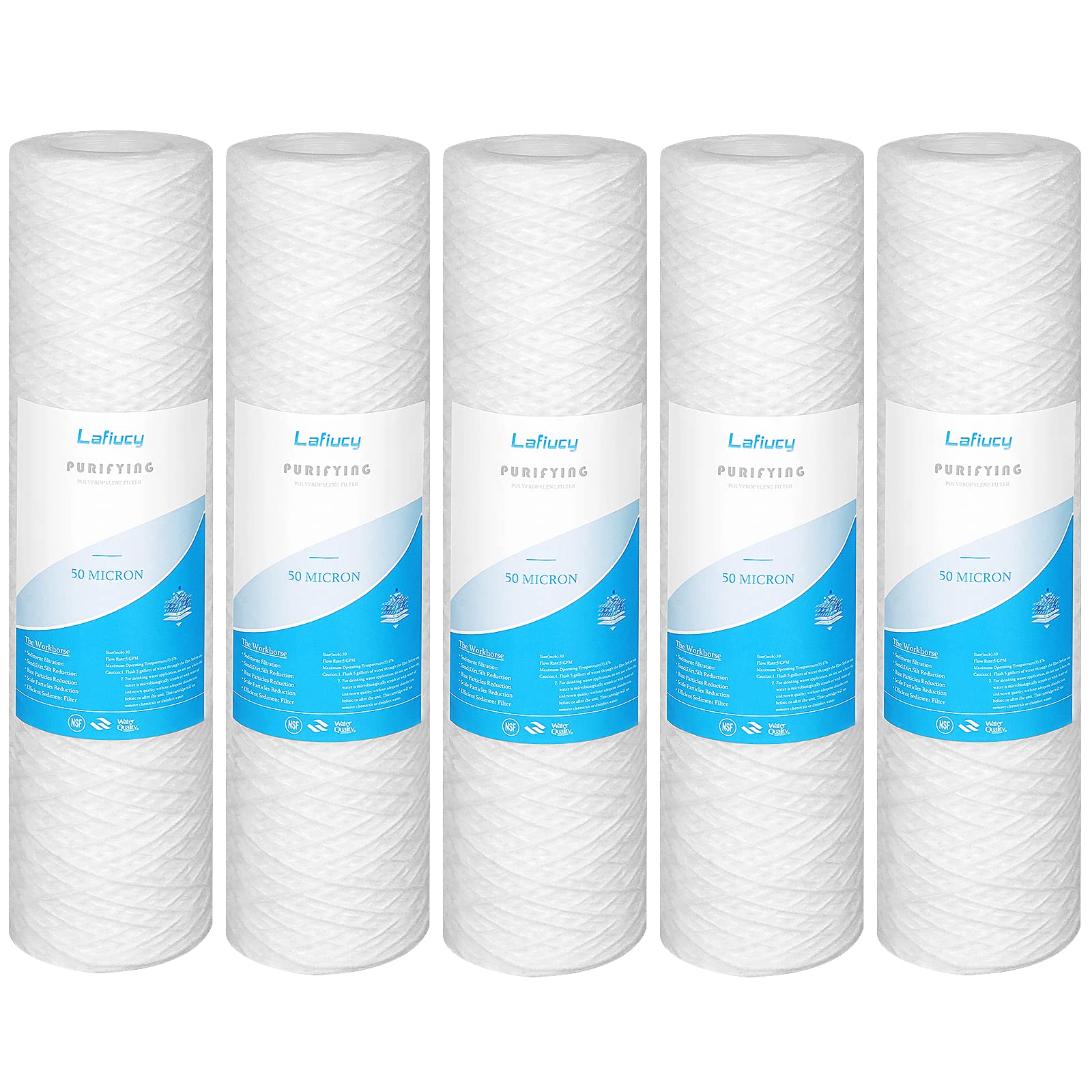 Lafiucy 50 Micron 10" x 2.5" String Wound Sediment Water Filter Cartridge,5 Pack,Whole House Sediment Filtration, Universal Replacement for Most 10 inch RO Unit