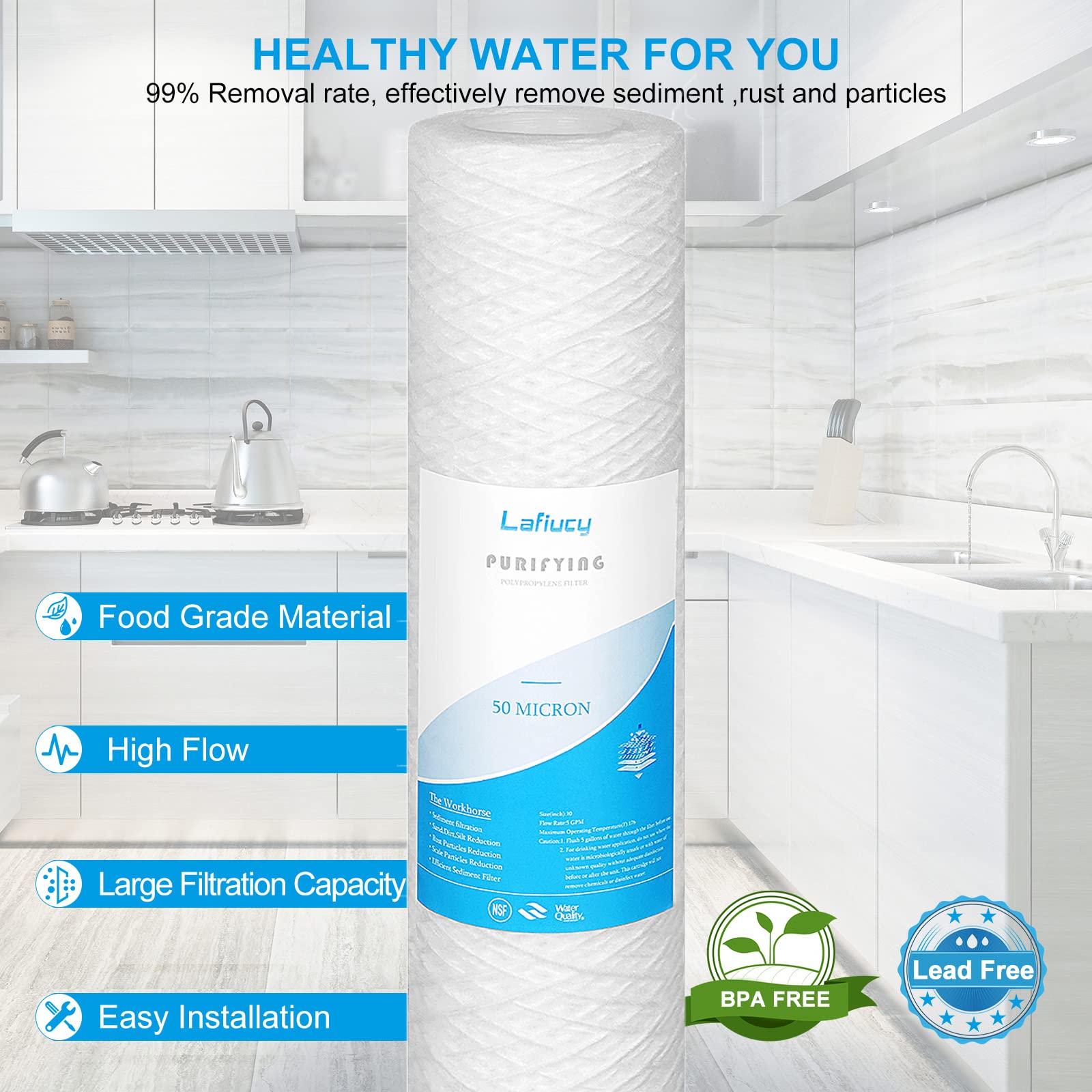 Lafiucy 50 Micron 10" x 2.5" String Wound Sediment Water Filter Cartridge,5 Pack,Whole House Sediment Filtration, Universal Replacement for Most 10 inch RO Unit